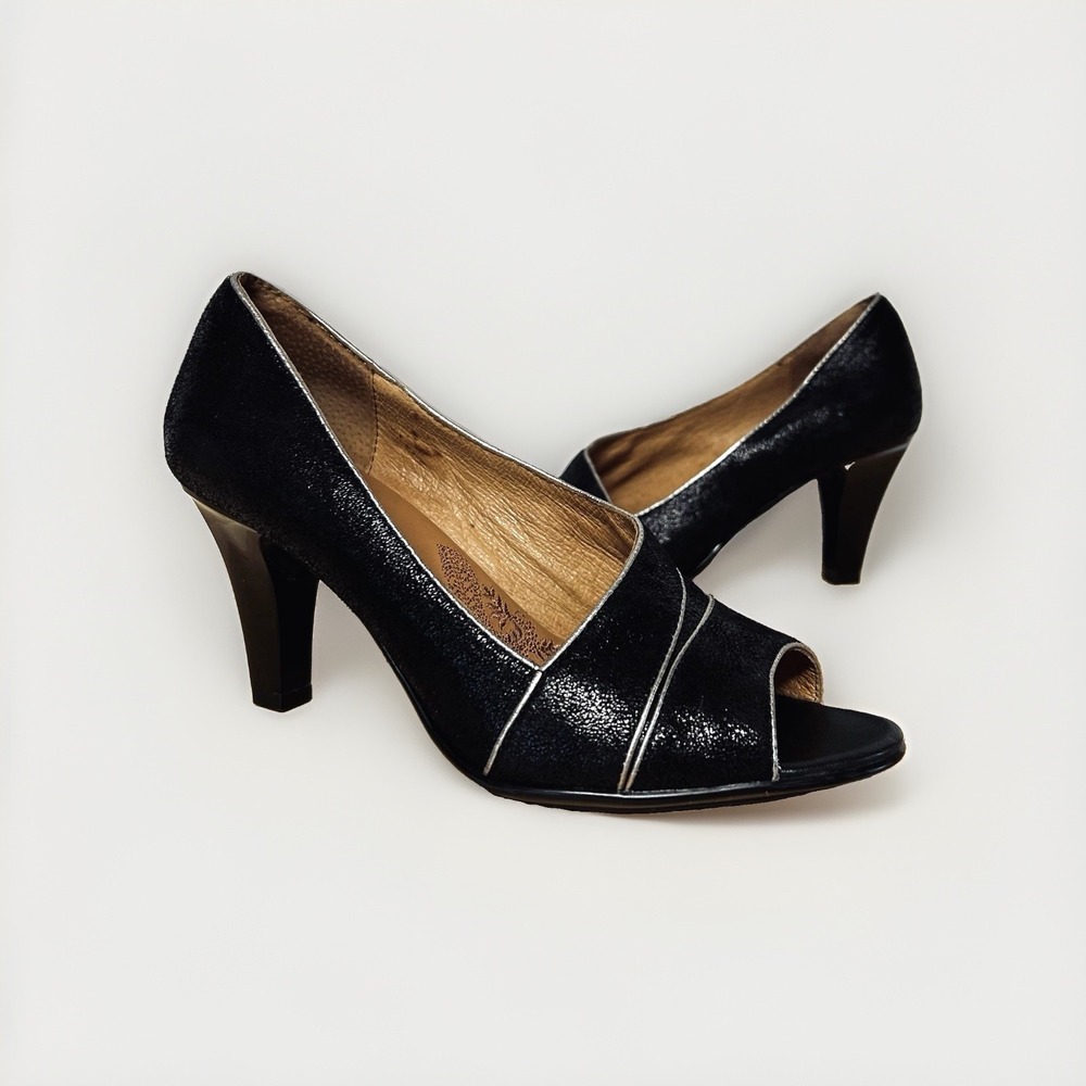 Sofft Black Leather Pumps Sz8M Crackle Metallic Suede Peep Toe Heels Comfort